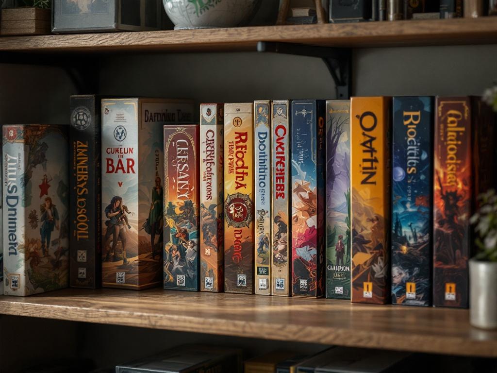 Ultra realistic photograph of a collection of premium board games neatly arranged on a wooden shelf, showing detailed game bo