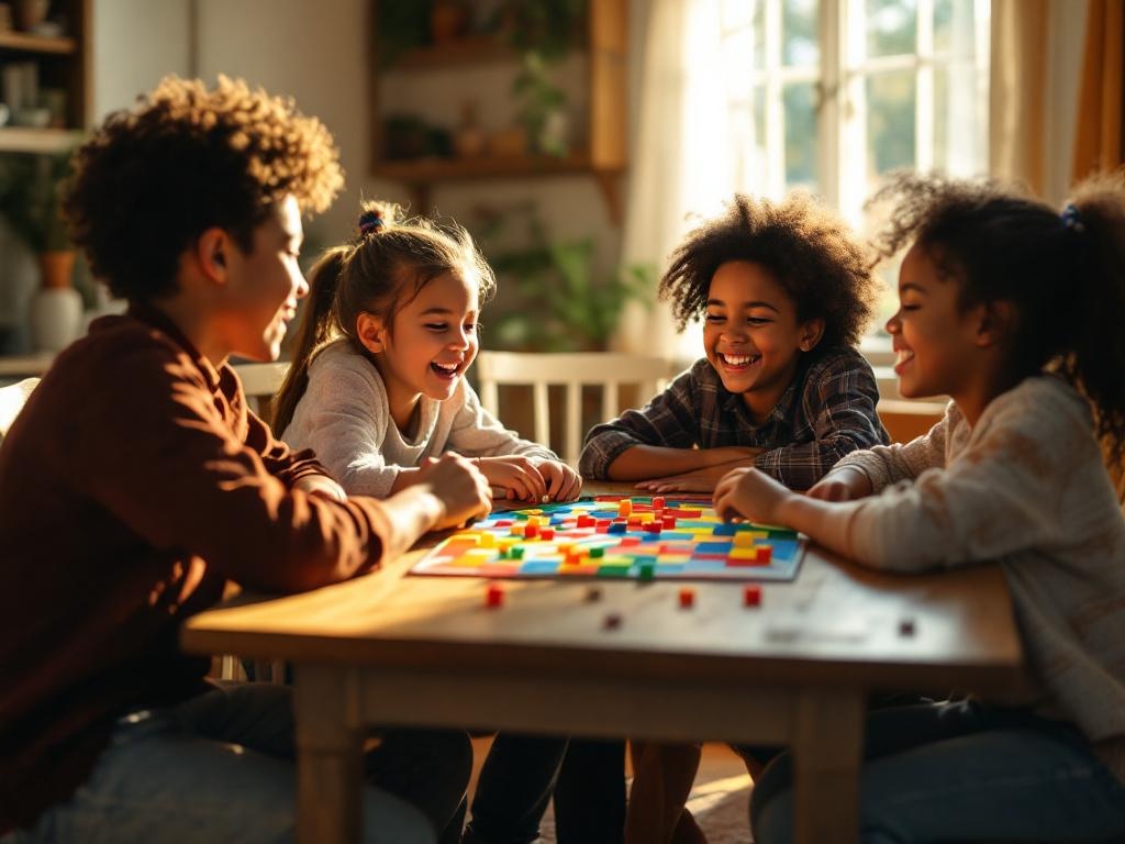 Ultra realistic photograph of a diverse family of four sitting around a wooden dining table playing a colorful board game tog