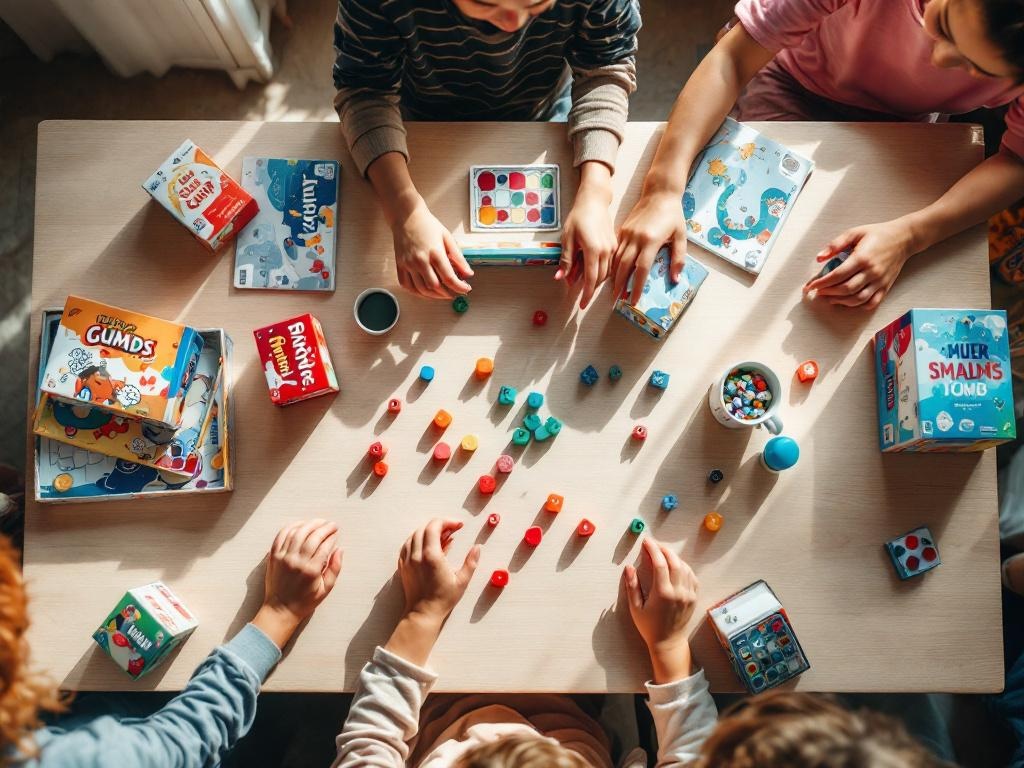 Ultra realistic photograph of multiple colorful board games spread out on a light wooden table surface, game boxes stacked ne
