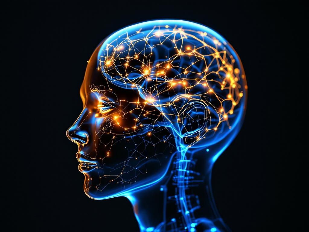 Ultra realistic photograph of a transparent human head model showing illuminated neural pathways and brain regions in warm go