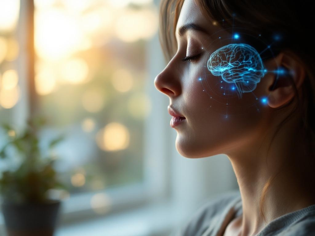 Ultra realistic photograph of a serene meditation scene showing a person's profile in soft natural window light with visible 