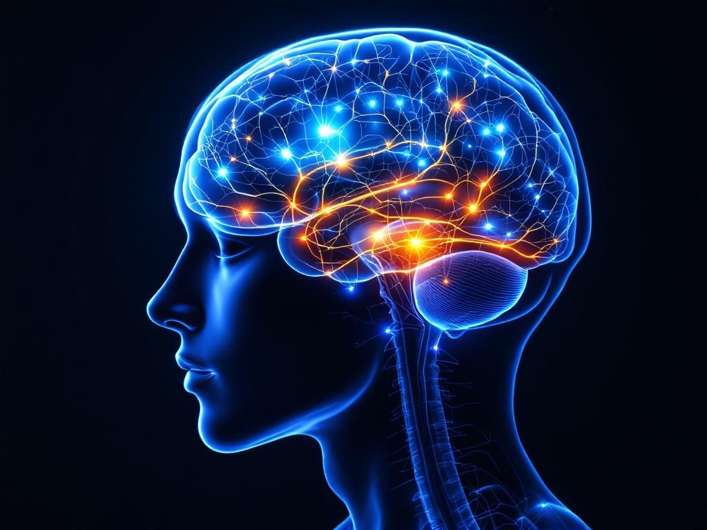 Ultra realistic photograph of a transparent human brain model showing illuminated neural pathways and interconnected regions 