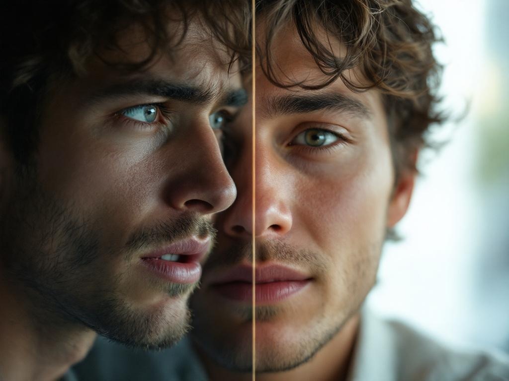 Ultra realistic photograph of two contrasting moments - a person's face showing intense anticipation and desire while looking