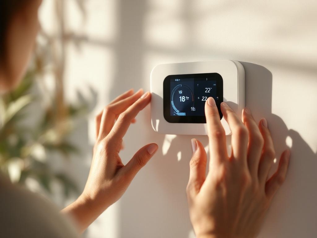 Ultra realistic photograph of a person's hands adjusting a modern thermostat on a wall, close-up shot showing the digital dis