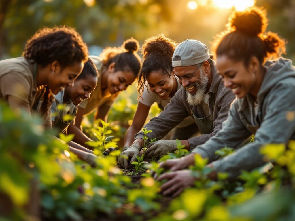 Ultra realistic photograph of a diverse group of volunteers working together in a community garden, planting vegetables and f