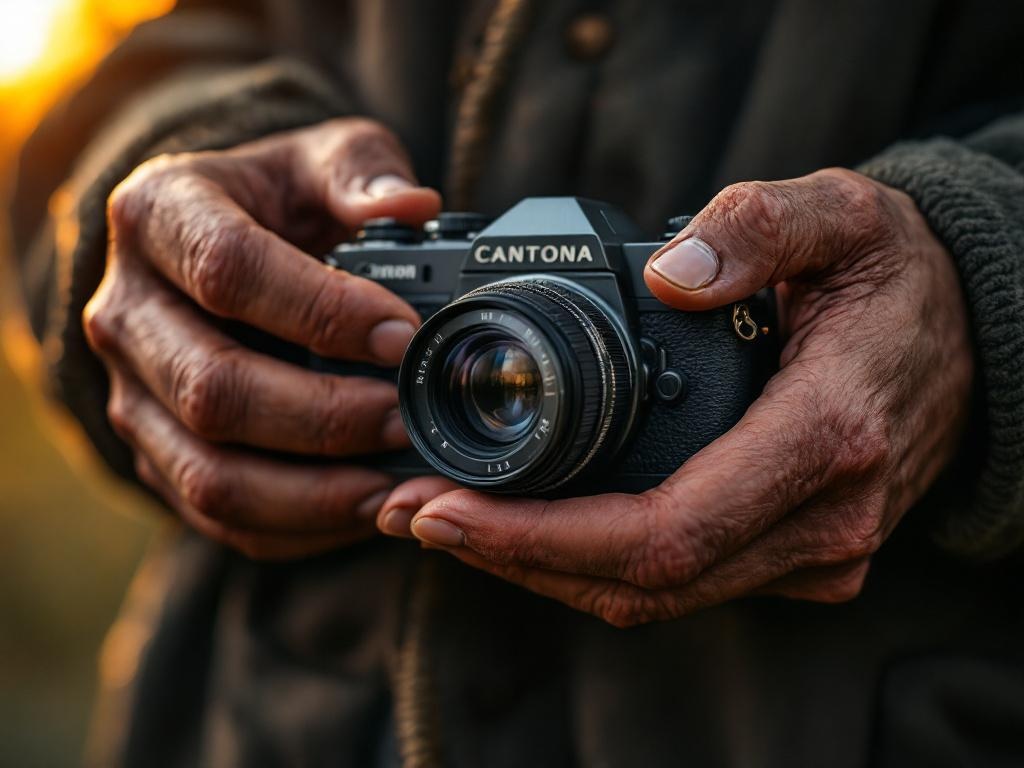 Ultra realistic photograph of a photographer's weathered hands holding a vintage camera at golden hour, showing detailed skin