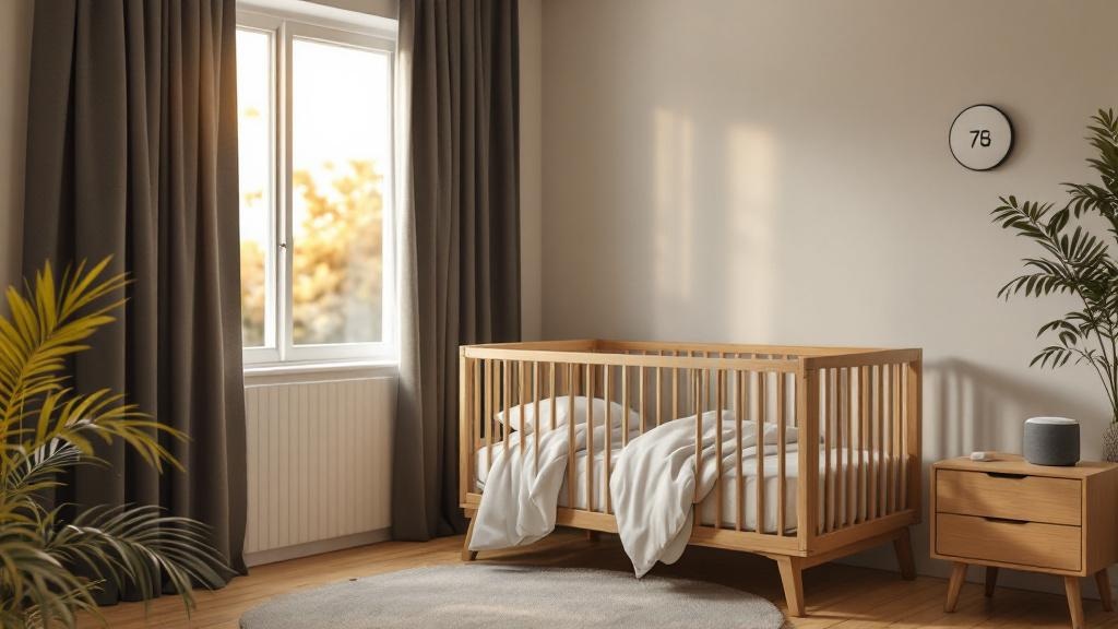Ultra realistic photograph of a peaceful nursery sleep environment with a wooden crib featuring white bedding, blackout curta