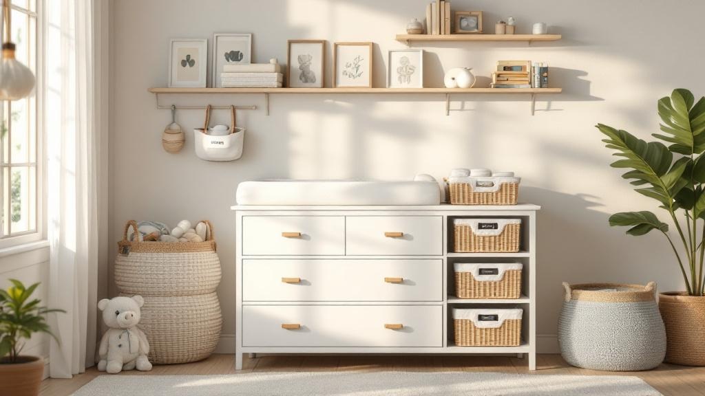 Ultra realistic photograph of an organized nursery storage system showing a white changing dresser with open wicker baskets c