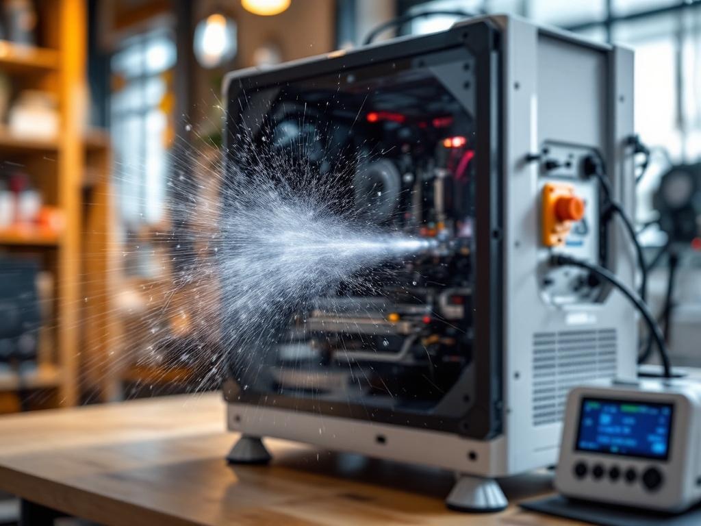 computerventilator wordt schoongemaakt met perslucht spuitbus en antistatische doek