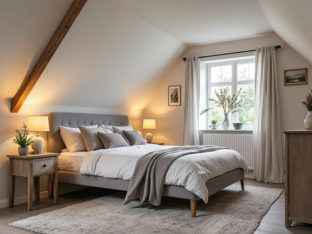 Rustige slaapkamer met gedimde verlichting, comfortabel opgemaakt bed en lavendelplant op nachtkastje