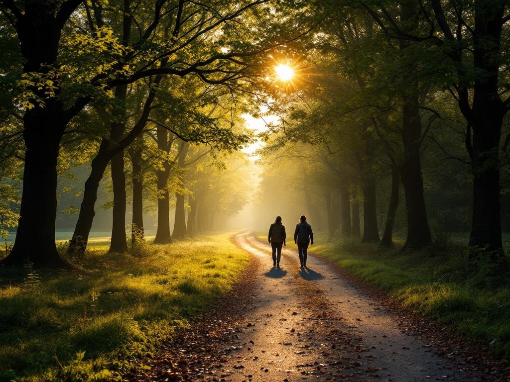 persoon wandelt ontspannen door groen park met bomen en zonlicht tussen bladeren