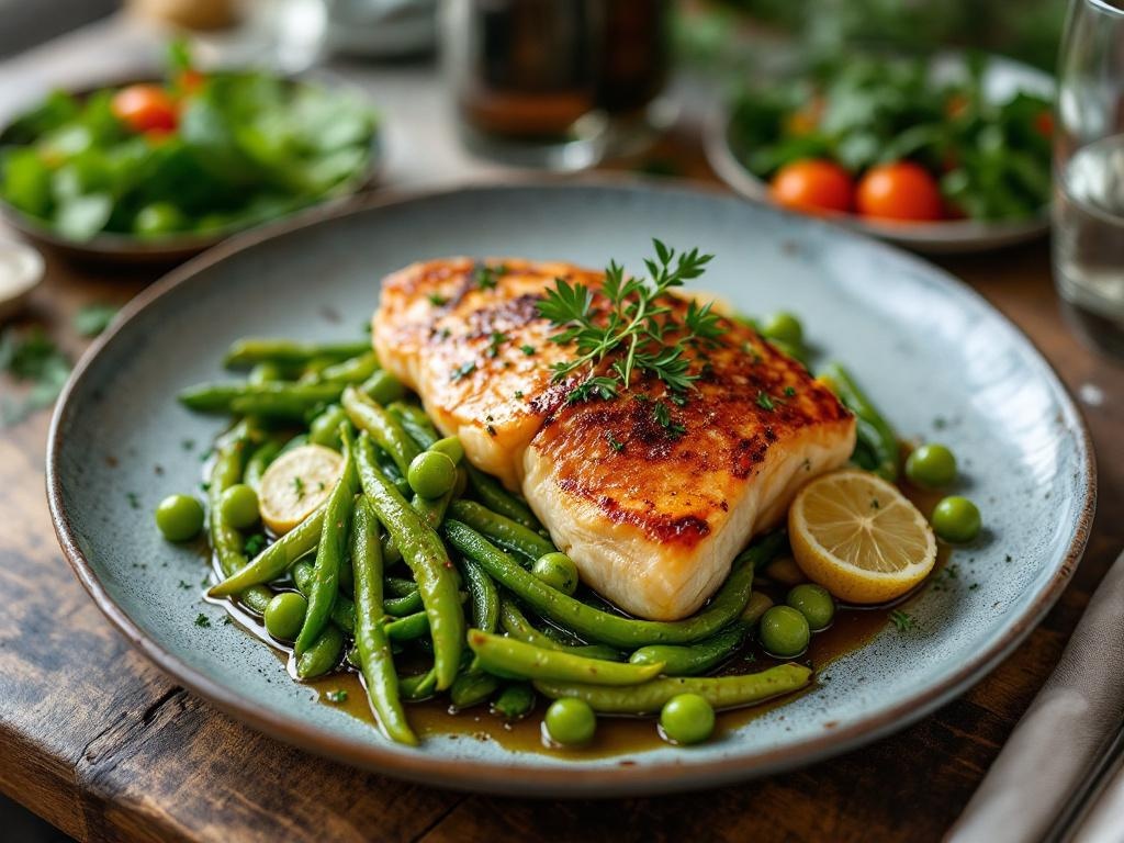 Gezonde avondmaaltijd met groene groenten en gegrilde vis op houten tafel naast kruidenthee