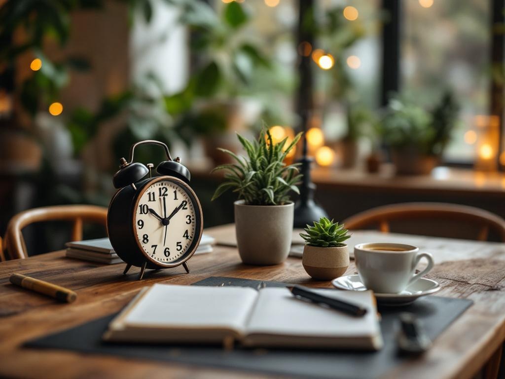 klok op tafel met planner en koffiekop in gezellige thuiswerkomgeving met plant
